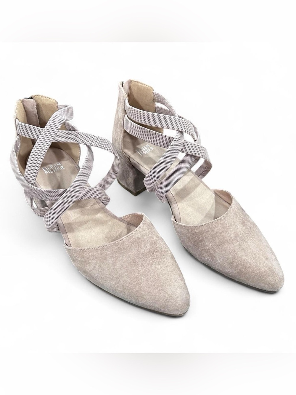 Eileen Fisher Light Taupe Suede Pointed Toe Strappy Block Heel